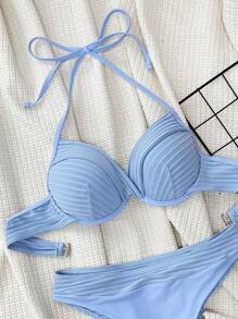 Swim Vcay 夏季海滩女士纯色扭纹吊带性感比基尼套装带钢圈聚拢罩杯，完美适合假日蓝色泳衣高腰比基尼套装 - 淺藍色 - 查看 3