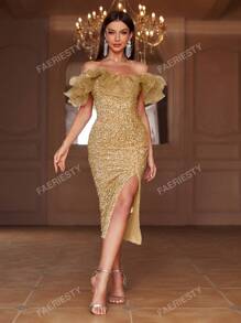 Faeriesty Faeriesty Off Shoulder Ruffle Trim Split Sequin Party Dress