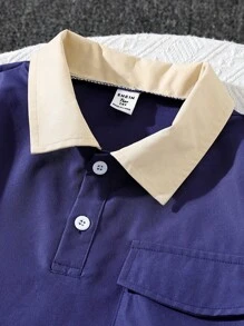 Teen Boy Color-Block Short Sleeve Top And Solid Color Shorts 2pcs Outfit