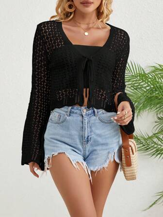 Plus Size Women Tie Front Scallop Hem Flared Sleeve Cardigan