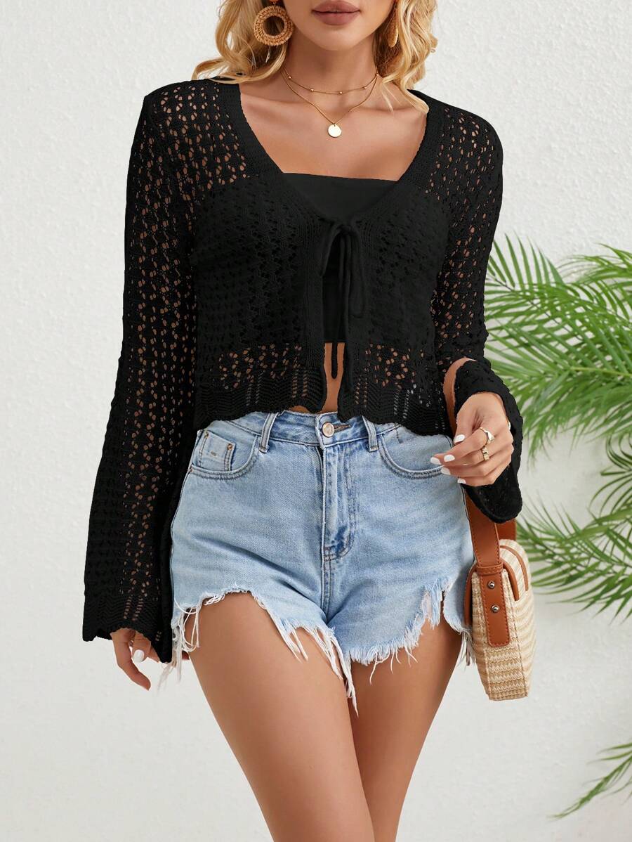 Cárdigan de manga acampanada con bordes festoneados y lazo frontal para mujer