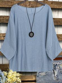 SHEIN LUNE Plus Size Solid Round Neck Casual Textured Blouse - Blue - View 3