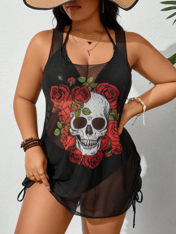 Swim SXY Blusa sin mangas de talla grande con estampado de esqueleto, ideal para la playa y Halloween