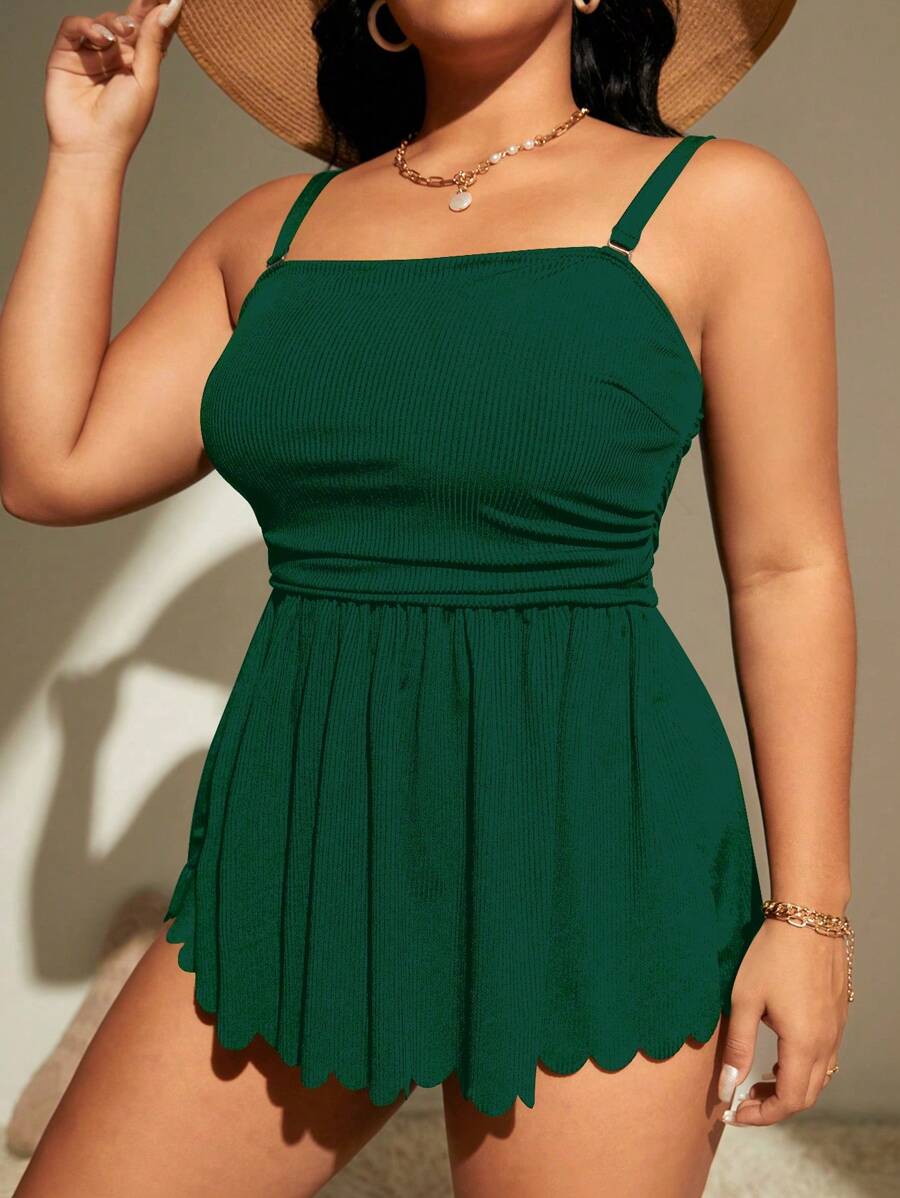 SHEIN Swim Curve Plus Size Women's Solid Color Minimalist Daily Tankini,Summer Beach - Dark Green - View 1