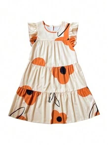 Breezaya 假日休闲大花印花荷叶边下摆连衣裙度假海滩装女装 - 杏色 - 查看 4