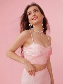 Enchnt Women Princess Summer Spring Lace Splicing Ruched Cropped Camisole Cami Bow Pink  Top With Straps And Elegant Style,Cute And Romantic - Pink - View 6