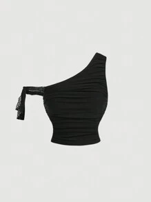 SHEIN MOD 黑色約會夜派對褶皺蕾絲拼接綁蝴蝶結女士上衣 - 黑色 - 查看 1