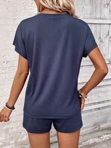 EMERY ROSE V-Neck Batwing Sleeve Top And Shorts Summer Casual Two Pieces Set - Blue - View 2