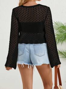 Cárdigan de manga acampanada con bordes festoneados y lazo frontal para mujer