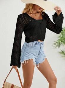 Cárdigan de manga acampanada con bordes festoneados y lazo frontal para mujer