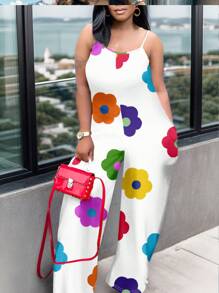Slaydiva Floral Print Spaghetti Strap Loose Jumpsuit With Pocket, Plus Size For Women In Summer - Red and White - View 3