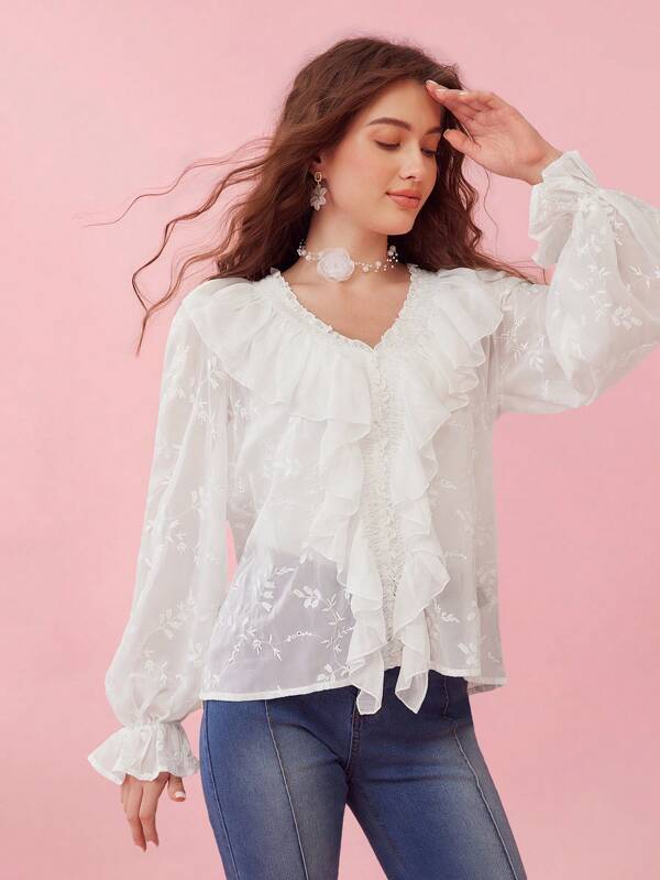 Enchnt Women Summer Spring Elegant Holiday Embroidered Plain Mesh Ruffle Romantic White Blouse