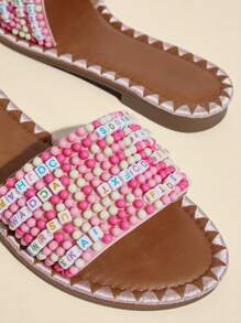SHUZIA Women's Beaded Letter Patchwork Cover Up With Flat Sandals, Fashionable And Versatile - Pink - View 5