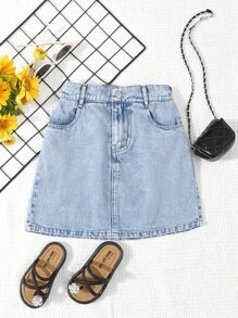 Tween Girl Simple Casual Comfortable Denim A-Line Skirt - Light Wash - View 1
