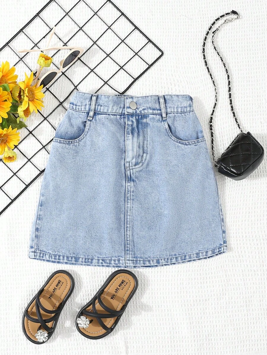 Tween Girl Simple Casual Comfortable Denim A-Line Skirt - Light Wash - View 1