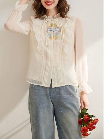 2024 Spring New Style Chinese Style Stand Collar Long Sleeve Tang Suit Shirt With Lotus Edge