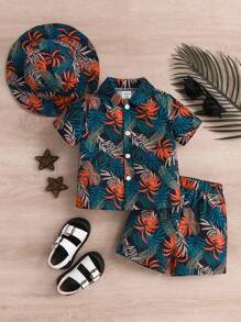 3pcs/Set Toddler Boys' Tropical Plant Print Short Sleeve Shirt, Shorts & Hat Set, Cute Casual Summer Outfit - Multicolor - View 1