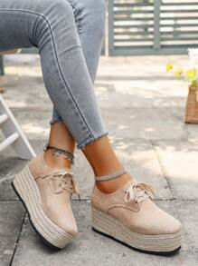 Women Wedge Heel Thick Sole Slip-On Shoes, Spring & Autumn Breathable Canvas Loafers With Ropes, Casual & Stylish Flats - Khaki - View 2