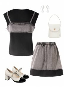 SHEIN Conjunto de tres piezas para adolescente compuesto por una blusa negra y pantalones de mezclilla gris. - Negro - Ver 2
