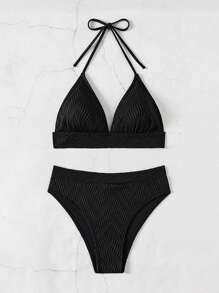 SHEIN Swim Women's Vacation Solid Color Halter Neck Tie Sexy Bikini Set, Two Pieces,Summer Beach - Black - View 6