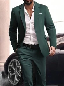 Manfinity Mode Conjunto de traje formal para hombre con cuello de solapa - Verde - Ver 1