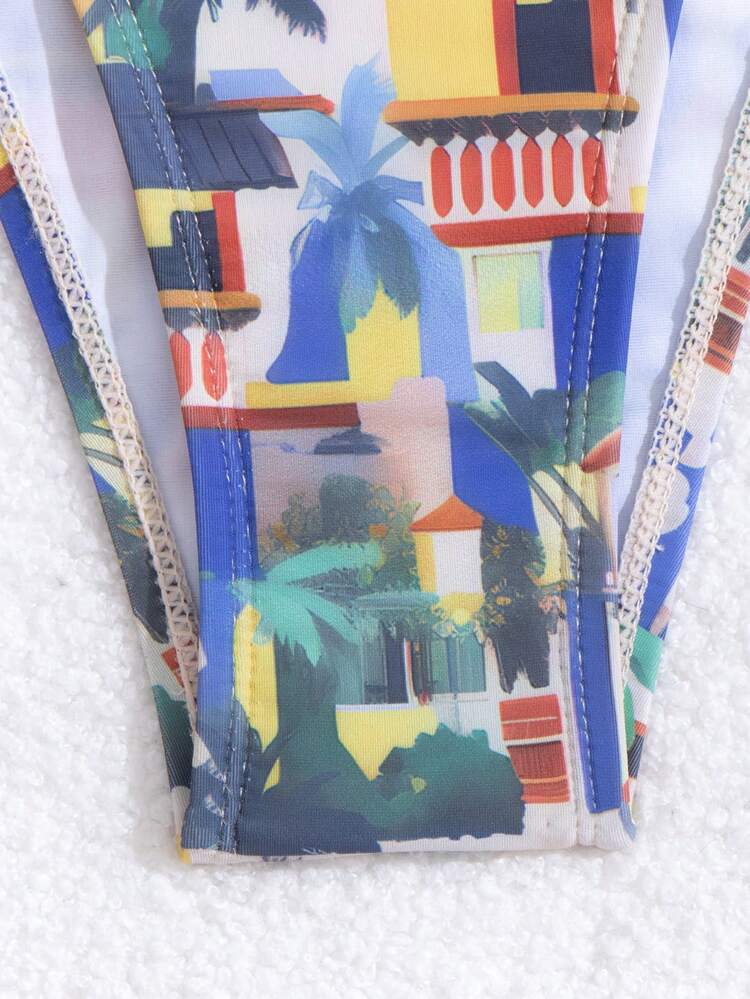 Women's Holiday Palm Tree Printed Halter Strap Sexy Bikini Set Summer