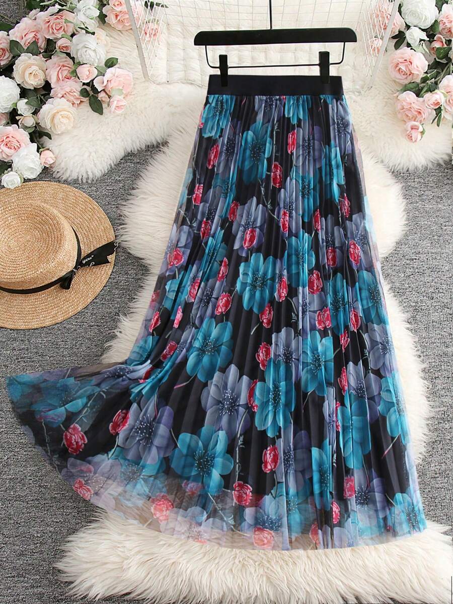 Women Skirts Berlipat Bunga Plants All Over Print Boho - Hitam - View 1