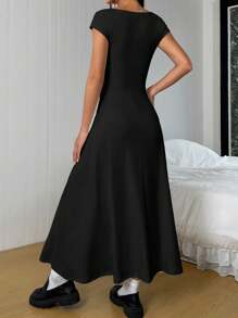 SHEIN EZwear Women's Simple Solid Color Short Sleeve Dress - Black - View 2