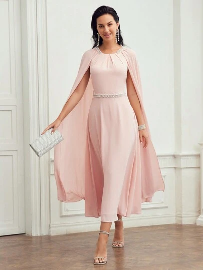 FAUX PEARL DETAIL FOLD PLEATED CLOAK SLEEVE DRESS