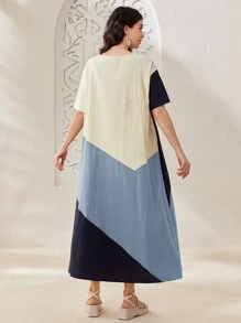 Mulvari Women's Color Block Round Neck Short Sleeve Simple Daily Dress - Navy Blue - View 2