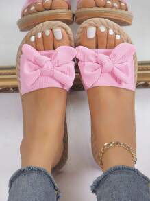 Cute Girl's Bow Striped Elements Pink Slippers, Popular Style For Casual Outing And Beach Time Valentines - Pink - View 6