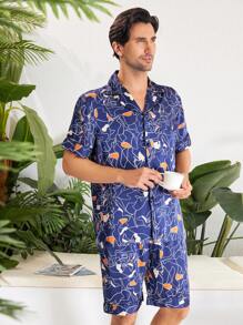 Conjunto de ropa de casa para hombre de manga corta y pantalones cortos con estampado aleatorio
