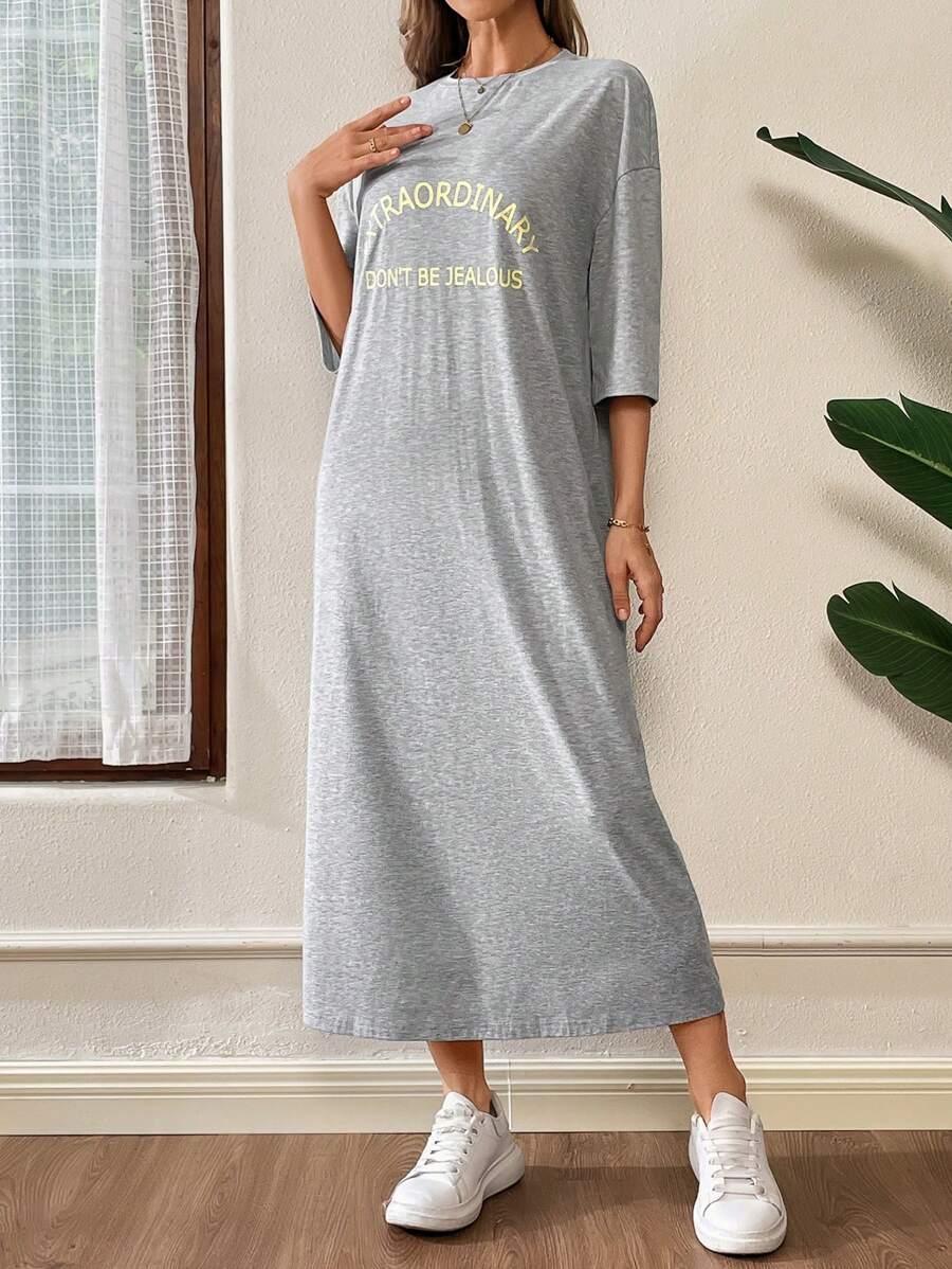 SHEIN Essnce Ladies Simple Printed Daily Long Dress - Light Grey - View 1