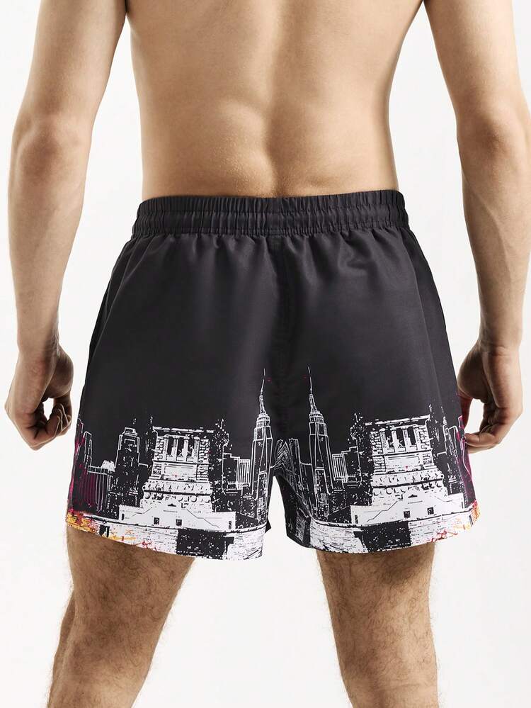 Men's Statue Of Liberty Printed Drawstring Waist Loose Beach Shorts