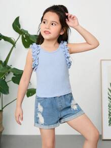 SHEIN Young Girl Knitted Solid Color Sleeveless Top With Ruffle Hem, Three-Piece Set - Multicolor - View 5