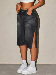 SHEIN ICON Shorts de mezclilla para mujer con diseño sencillo y corte dividido en dobladillo de unicolor