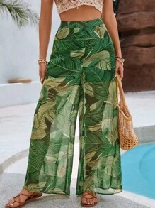 SHEIN VCAY Pantaloni lunghi casual da donna con stampa foglie, semplici e adatti per l'abbigliamento quotidiano - Verde - Visualizzare 4