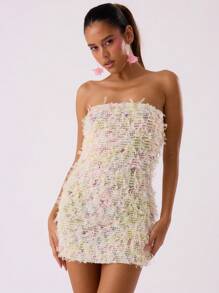 MUSERA 纹理多色无肩带迷你连衣裙，性感春夏外出装 - 杏色 - 查看 4