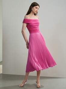 MOTF STUDIO SOLID OFF SHOULDER RUCHED PLEATED HEM DRESS - Hot Pink - View 9
