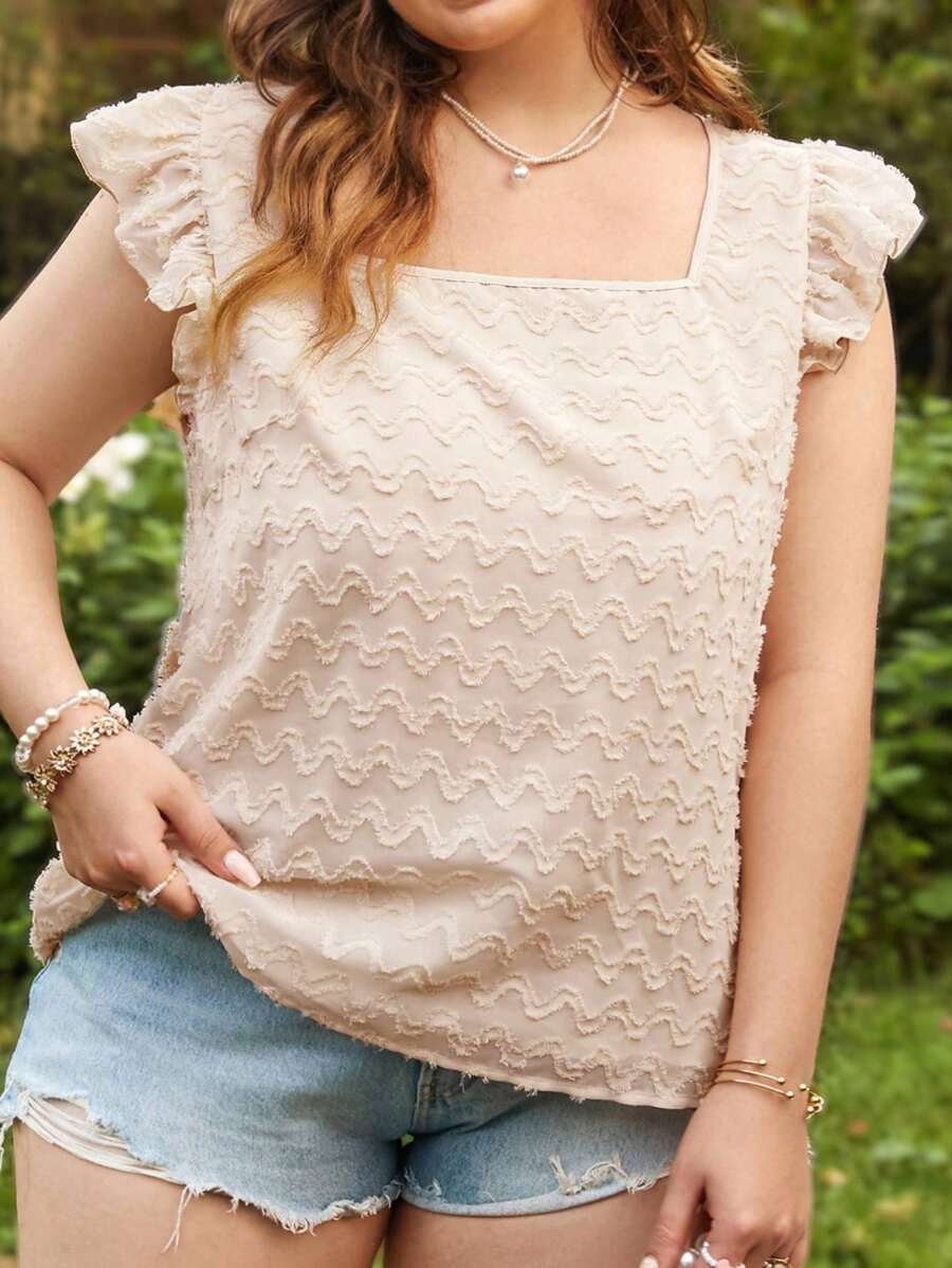 Dreamara Große Größen Damen Stoff Kurzarm Cover Up Urlaubs Lässig Stil locker geschnittenes Shirt mit quadratischem Kragen, bequem und atmungsaktiv - Weiss - Übersicht 1