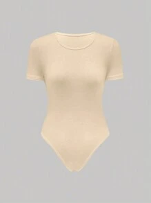 Flirla Solid Color Round Neck Short Sleeve Bodysuit For Summer