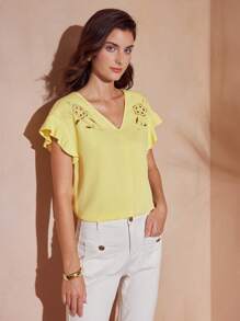 MOTF PREMIUM V-NECK EMBROIDERY LASER CUT FLARE SLEEVE BLOUSE - Yellow - View 4