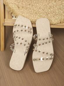 女式流行扭結帶平底涼鞋，鑲嵌鑽石裝飾，開放式腳趾，海灘拖鞋 - 白色 - 查看 2