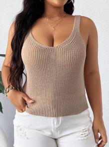 SHEIN Holidaya Plus Size Women's Fashionable Simple Solid Color Knitted Top, Slim-Fit - Camel - View 1