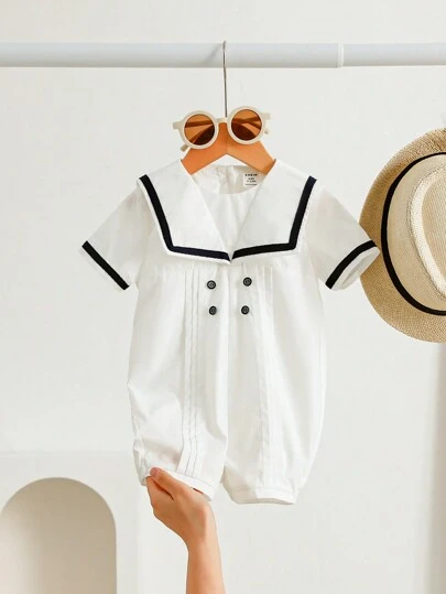 Newborn Baby Boy/Girl Navy Collar Decorative Button Short Sleeve Romper With Striped Blue And White, Suitable For Spring, Summer, And Autumn Outdoor, Vacation, Beach And Tourism Activities