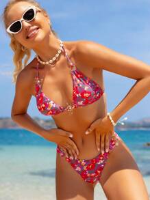 SHEIN Swim 女士度假海滩碎花比基尼套装夏日海滩