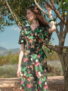MOTF PREMIUM Vestido Envolvente Con Cinturón, Cuello Cruzado Con Estampado Tropical Y Mangas Acampanadas - Multicolor - Ver 11