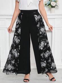 Modelyn Women's Plus Size Simple Flower Print Long Pants - Black - View 7