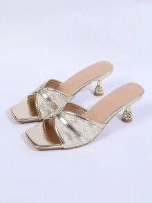 女性簡約時尚高跟涼鞋，鞋跟細款、鞋頭方形 - 金色 - 查看 5