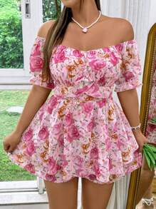 Sunnyshic Plus Size Boho Off-Shoulder Short Sleeve Chiffon Romper For Women, For Summer